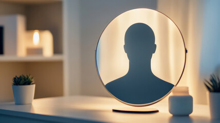 Silhouette reflection in a softly lit round mirror creates a mysterious ambiance, AI