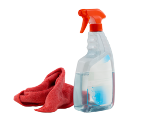 a clear plastic spray can with a cleaning rag