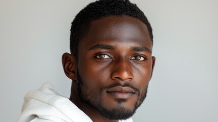 Obraz premium african american man, black hair and beard with some grey in it, wearing white hoodie, brown eyes, light skinned, medium build body type, background is plain white, headshot