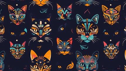 Naklejka premium Cat heads featuring bright tribal ornaments in a layout pattern.