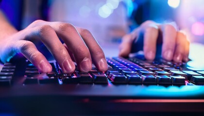 Closeup view of a pair of hands typing on a computer keyboard with lighting; selective focus; blurred background