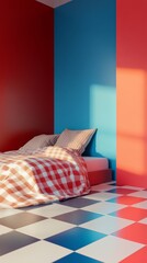 A bedroom with a red and blue wall and a checkered bedspread