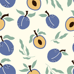 Seamless pattern with plums, branches with leaves and half a plum.