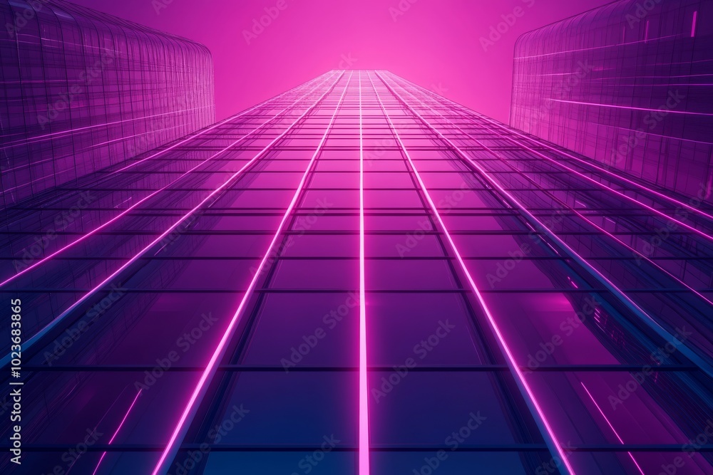 Poster clean and elegant design of a synthwave skyscraper, featuring sleek lines.