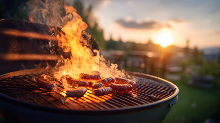 Grilling Sausages on a Barbecue Grill at Sunset