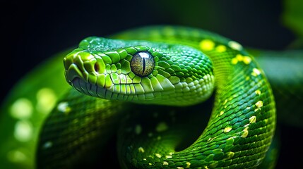 Fototapeta premium snake, green, reptile, animal, nature, tree, python, wildlife, scales, wild, viper, eye, boa, serpent, zoo, poisonous, snakes, mamba, head, closeup, danger, dangerous, ecology