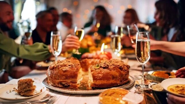Friends enjoying the Three Kings' Day celebration with Rosca de Reyes and champagne, sharing a toast and festive moments in a lively and joyful atmosphere.