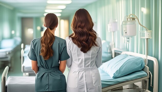 dottoressa e infermiera in corsia di ospedale viste da dietro