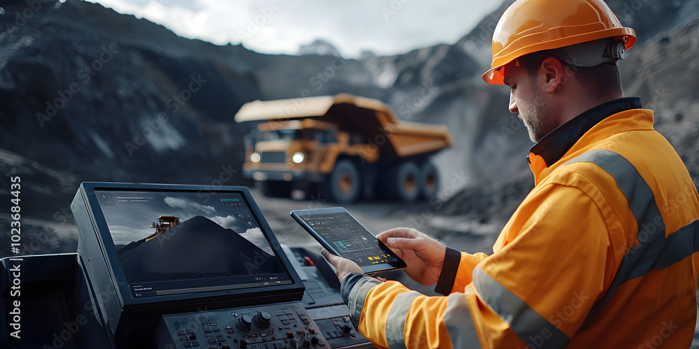 Poster mining operations manager. a mining engineer in safety gear uses a tablet to manage coal loading ope