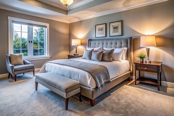 Cozy guest bedroom with plush carpet, soft gray walls, and inviting king-size bed adorned with crisp white linens and pillows, warm lamp lighting ambiance.