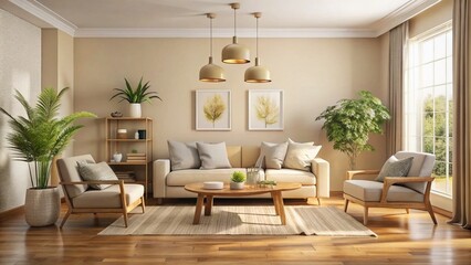 Fototapeta premium Cozy minimalist living room with cream-colored walls, wooden floor, and a few tasteful decor pieces, allowing for a calming and serene atmosphere.