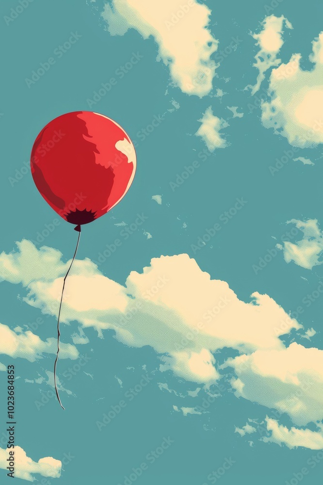 Poster a red balloon is floating in the sky. the sky is blue with some clouds. the balloon is the main focu
