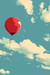 Obraz premium A red balloon is floating in the sky. The sky is blue with some clouds. The balloon is the main focus of the image