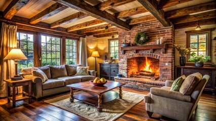 Fototapeta premium - Cozy Rustic Cottage: warm, inviting, weathered wood, brick fireplace, exposed beams