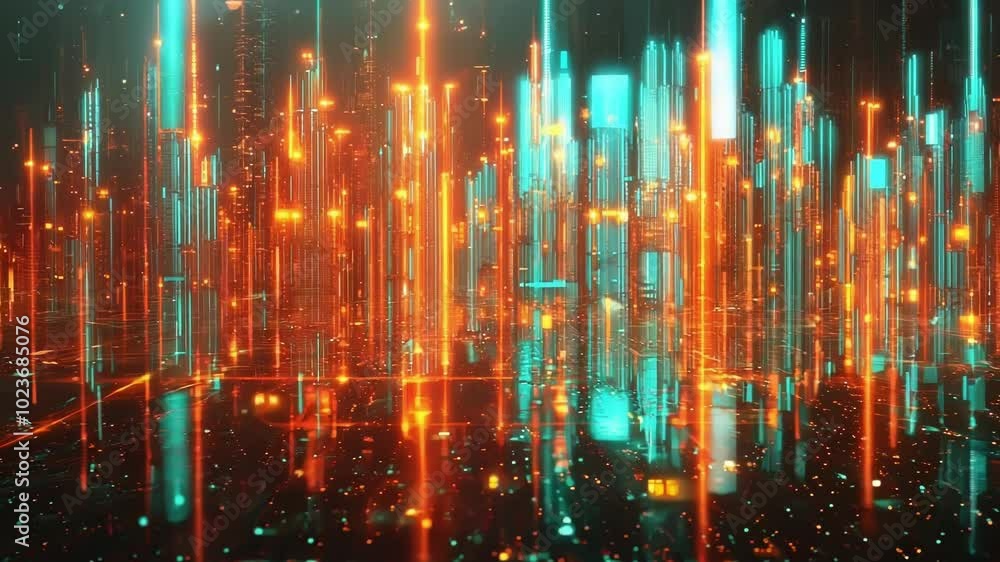 Poster abstract futuristic cityscape with glowing lights representing data transferring, creating a mesmeri