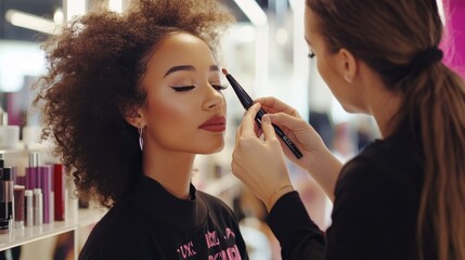 Makeup artist applying eyeliner to a woman's eyes in a modern beauty shop during daylight hours