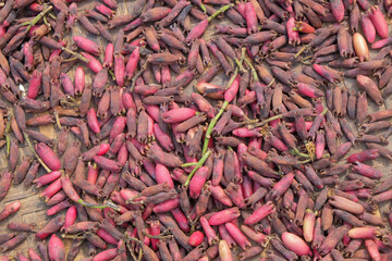 Abstract shapes, patterns and textures of the surface of sun-dried cloves.Harvesting cloves in the countryside. The red and brown colors of dried cloves. For graphic design or banner background