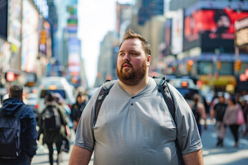 Naklejka premium A man with a beard and a backpack is walking down a busy city street