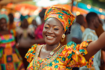 Fototapeta premium A woman wearing a colorful outfit and a head scarf is smiling