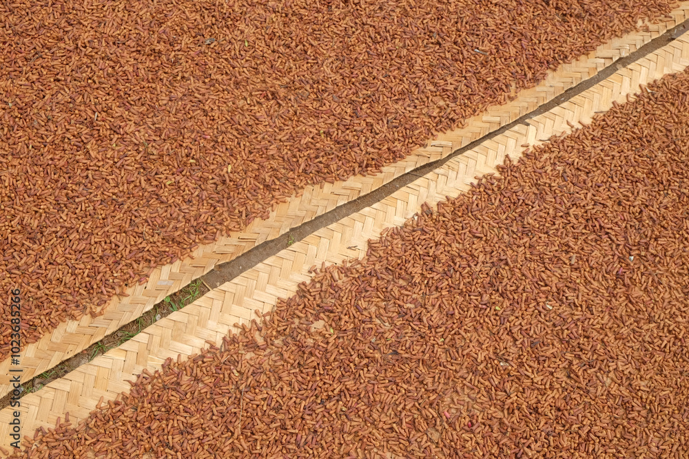 Aufkleber abstract shapes, patterns and textures of the surface of sun-dried cloves.harvesting cloves in the c
