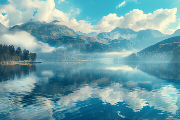 A beautiful mountain lake with a cloudy sky in the background