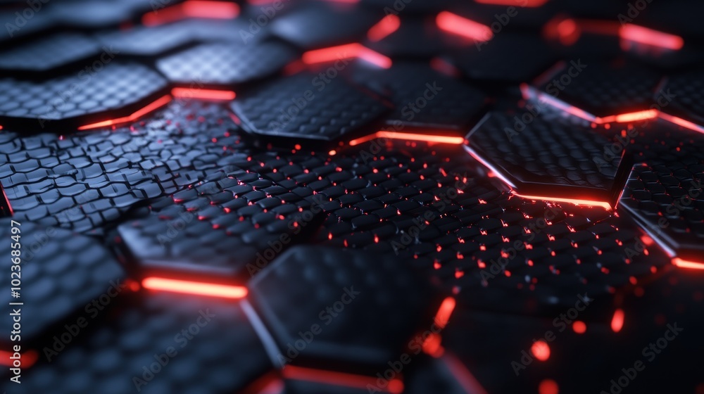 Poster a close-up view of a textured hexagonal surface with glowing red lines.