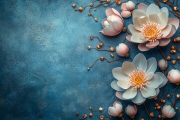Colorful flowers bordering textured background with copy space