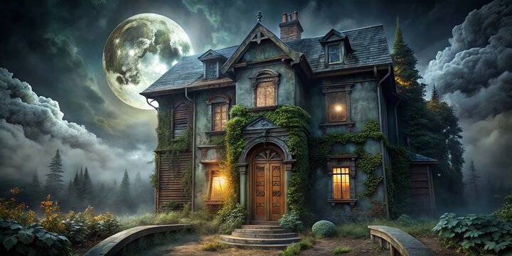 Creepy old mansion with worn wooden door, rusty hinges, and overgrown plants, set against a dark and ominous moonlit sky with eerie fog rolling in.