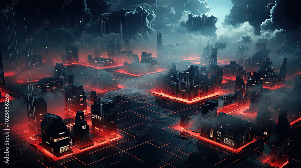 Poster concept of a digital city with cloud connections. futuristic network in the clouds.
