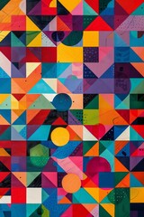 A colorful abstract painting with many different shapes and colors. The painting is full of circles and squares
