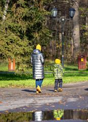 A woman and a child are walking in a park