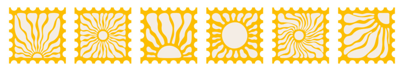 Sun groovy post card square stamp stickers set vector illustration. Hand drawn abstract floral vintage patterns isolated on transparent background