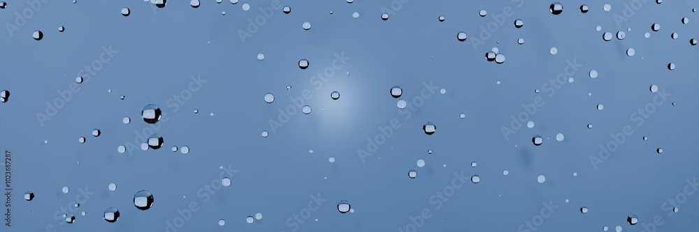 Poster abstract image of water drops on a blue background. 3d rendering