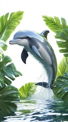 A playful dolphin jumps above the water amidst vibrant green leaves.