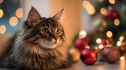 Cute Cat Under Christmas Lights  Holiday Pet Portrait