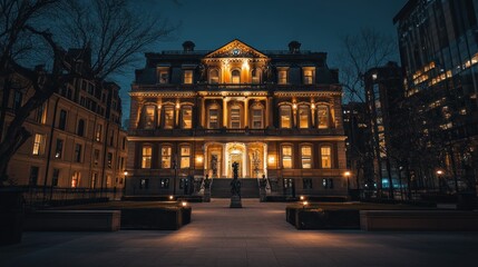 Naklejka premium Illuminated Facade of a Historic Building at Night