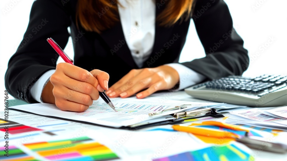Poster a business professional writing notes and analyzing data with a calculator nearby.