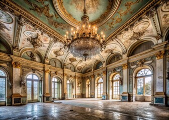 Distressed, ornate chandeliers hang from high ceilings amidst faded grandeur and peeling paint in an elegant, abandoned ballroom with a rich, nostalgic atmosphere.