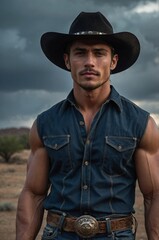 A striking man in a cowboy hat poses confidently in the desert under a dramatic sky showcasing his muscular physique.