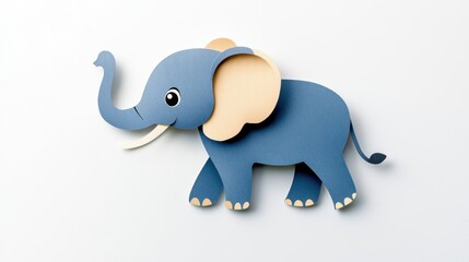 Cute blue paper elephant with a playful design on a white isolated background.