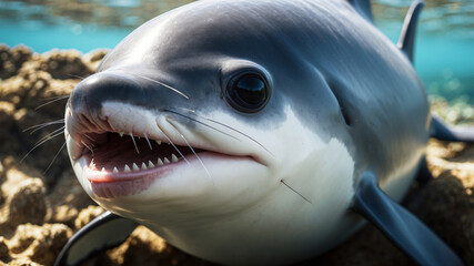 Fototapeta premium Close-up of a smiling Vaquita on rocky shoreline