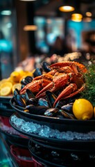 Fresh Seafood Platter, Mussels, Crab And Lemon Wedges With Herbs on Ice at Local Market.