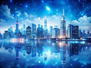 Fototapeta premium Dreamy, Ethereal Glow, City skyline, Moonlit Night, Tranquil, Shimmering Blues