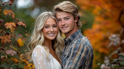 Fototapeta premium Portrait Of Happy Loving Couple Hug In Autumn Park Together