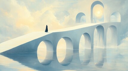 Fototapeta premium A figure cloaked in black walks across a surreal white bridge with arches above a serene reflective water body at sunrise