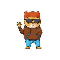 Cool cat with glasses and clothes. Flat illustration on white background.