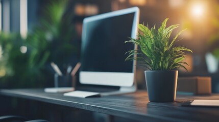 Fototapeta premium A modern workspace featuring a computer and a potted plant, emphasizing productivity.