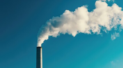 Close-up of a power plantas chimneys releasing smoke into the air under a bright blue sky, symbolizing energy production. No people.