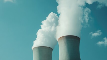 Close-up of a power plantas chimneys releasing smoke into the air under a bright blue sky, symbolizing energy production. No people.
