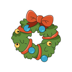 Christmas wreath icon. Vector New Year decoration with evergreen branch and garland. Christmas home decor, Xmas decorations. Wintertime holiday emblem, winter festive sign. Pop art retro design.